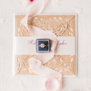 Four-Fold Square Wedding Invitation Pocket – Shimmer Laser Cut Invitation Covers – Rose Gold Glitter Invitation Envelopes – Pockets ONLY