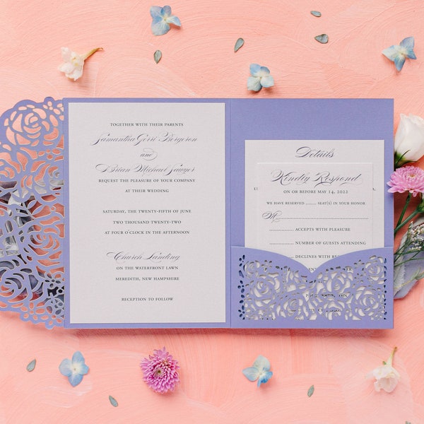 Lavender Wedding Invitation – Laser Cut Invitation – Purple Pocket Invitation – Laser Cut Wedding Invite – Wedding Card – Custom Invitation