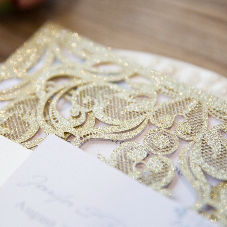 Gold Laser Cut Wedding Invitation, Glitter Wedding Invitation, Gold