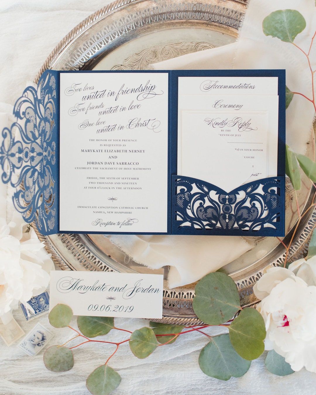 Navy Laser Cut Invitation, Pocket Wedding Invitation, Modern Pocket
