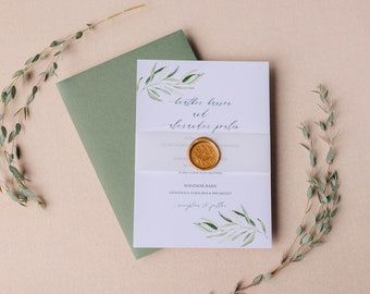 Eucalyptus Wedding Invitation – Greenery Wedding Invitation Set – Rustic Wedding Invite – Green Invitation Wax Seal – Botanical Wedding Card