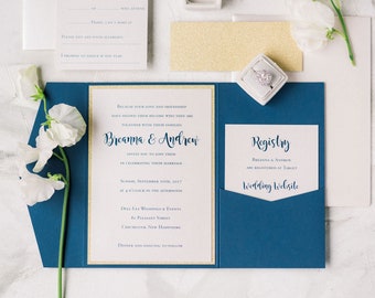 Navy & Gold Pocket Wedding Invitation Suite