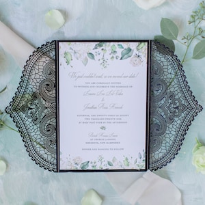 Black Laser Cut Wedding Invitation with Elegant Chantilly Lace Gate Fold | Perfect for Modern Weddings Invites and Bridal Cards
