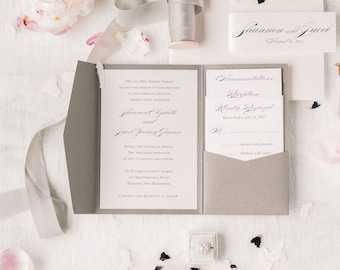 Classic Silver Pocketfolder Wedding Invitation, Silver Formal Wedding Invite, Tri-fold Pocket Invite, Elegant Pocket Wedding Invitation