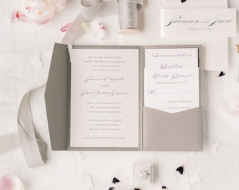 Silver Pocket Wedding Invitation – Minimalist Tri-fold Invite Suite