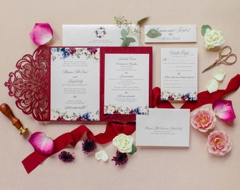 Burgundy Laser Cut Pocket Wedding Invitation, Floral Wedding Suite