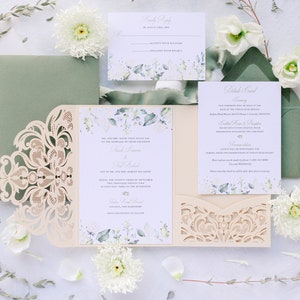 Champagne Laser Cut Wedding – Floral Wedding Invitations – Champagne Invitation Set – Ivory Pocket Invitation – Tri Fold Wedding Invite