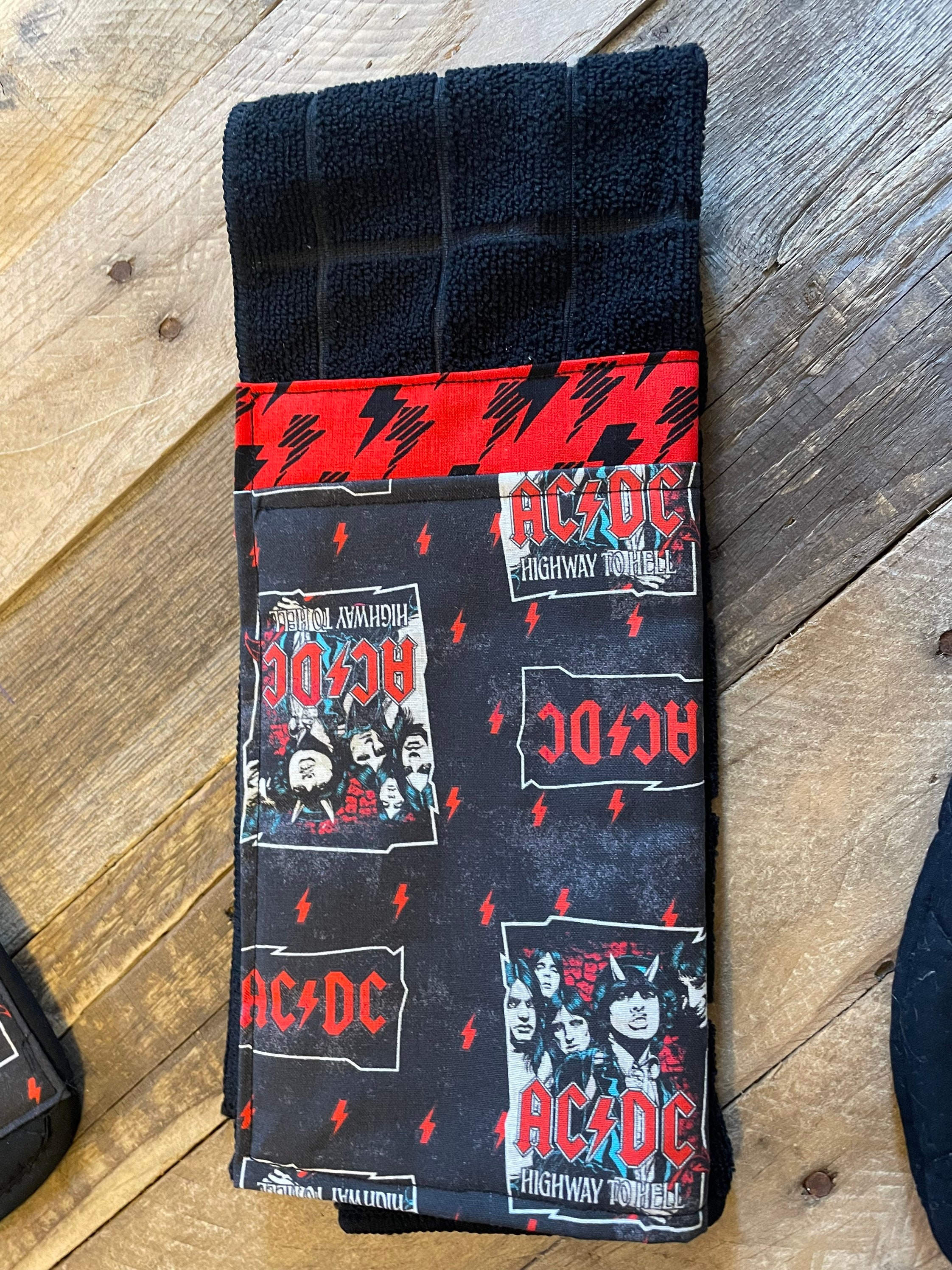 AC/DC Distressed Stile Fabric 3 Piece Kitchen Gift Set. - Etsy