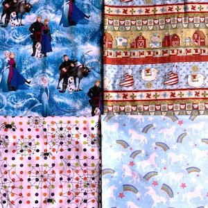 May include: Assorted fabric swatches featuring various patterns. One swatch has characters from the movie "Frozen" on a blue background. Another has a farm scene with red barns. Other swatches have spiderwebs and unicorns.