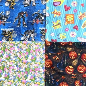 May include: A patchwork of four fabric patterns. One features Transformers robots on a blue background. Another has a Barbie theme with hearts and flowers on a light blue background. The third has Easter bunnies and flowers. The last has Halloween pumpkins and witch hats.