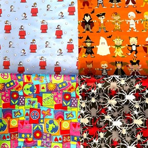 May include: A four-panel fabric collage featuring a light blue section with Snoopy on red doghouses, an orange section with children in Halloween costumes, a vibrant multi-colored section with peace signs and flowers, and a black section with white and red spiders.