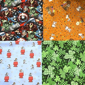 May include: Four fabric swatches with different patterns. One features Marvel comic book characters, another has Snoopy in an autumn scene, a third shows Snoopy on his doghouse, and the last has green shamrocks.