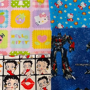SMALL FABRIC REMNANTS Hello Kitty, Betty Boop, Transformers   Sold Individually, Not As a Group