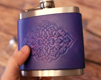 Hand Stamped Leather Hip Flask, Hand Dyed Purple, Personalized Gift