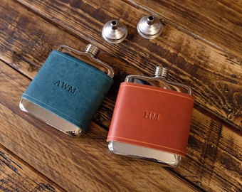 Personalised Hip Flask 6oz With Leather Jacket, Groomsmen and 3rd wedding Anniversary gift, Fathers Day