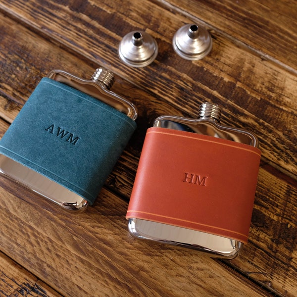 Personalised Hip Flask 6oz With Leather Jacket, Groomsmen and 3rd wedding Anniversary gift, Fathers Day