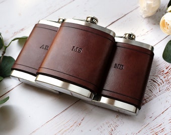 Set of Personalised Leather Hip Flasks 8oz, Groomsmen Gifts, Wedding Gift Fathers Day