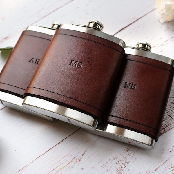 Set of Personalised Leather Hip Flasks 8oz, Groomsmen Gifts, Wedding Gift Fathers Day