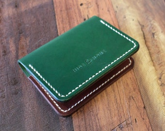 Green and Brown Leather Card Wallet, Personalised  Leather Card Holder, Fathers Day