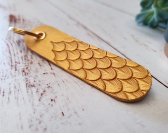 Gold Dragon Scale Leather Key Fob: Handmade Brass Keyring