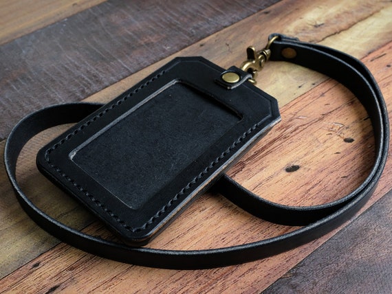 Leather ID Holder with Personalised Lanyard, ID Card Holder, Pass Holder, Badge Holder, Anniversary Gift Fathers Day