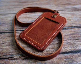 Personalized Italian Leather ID Holder with Lanyard