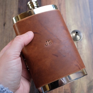 Personalised Leather Wrapped 8oz Pewter Hip Flask Fathers Day