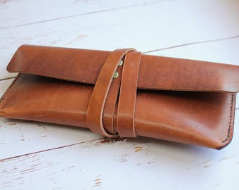 Handmade Horween Dublin Leather Pencil Case: Wrap Clutch Pen Pouch