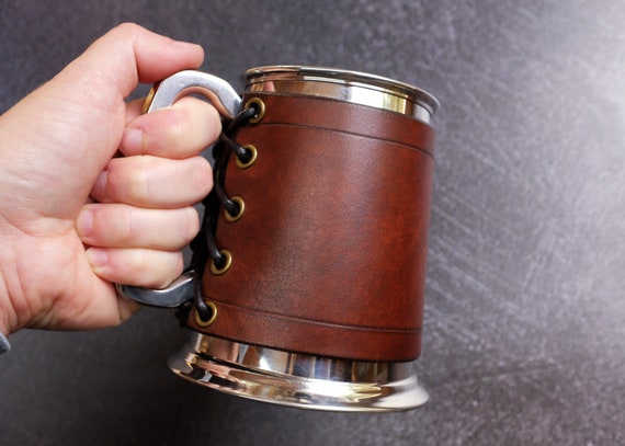 Pewter Tankard With Leather Wrap, Handcrafted Leather Tankard Corset,  Fathers Day 