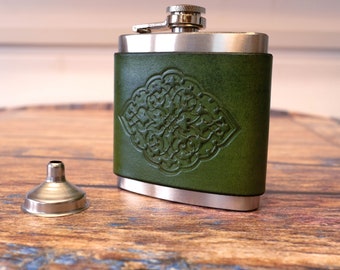 Hand Dyed Green Leather Hip Flask: Hand Stamped Groomsman Gift