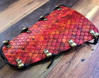 Hand Dyed Red Leather Dragon Scale Bracer: Larping Cosplay Arm Guard