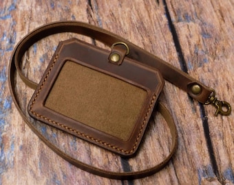 Personalized Landscape Leather ID Holder with Lanyard: Slim Card Wallet
