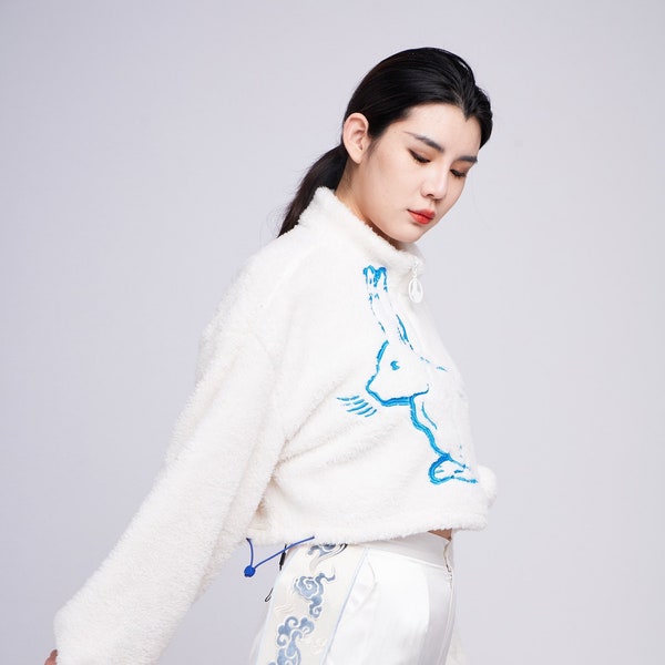 Mo Dao Zu Shi The Untamed Bunny Embroidery Cloud Recesses Lan Wangji Wei Wuxian Lectures High Collar Cropped Fuzzy Sweater Minimalistic
