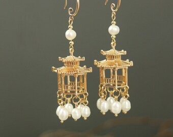 Traditional Chinese Inspired Earrings Pagoda Pearl Gold Silver Hanfu Cosplay Costumes Cute Earrings