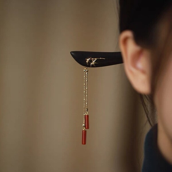 Traditional Chinese Hair Pin The Untamed Mo Dao Zu Shi Wei Wuxian Chen Qing Coral Dark Wood Bamboo Minimalist Accessory