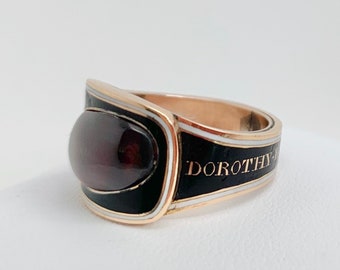 Georgian Mourning Ring - 1809 - Cabochon Garnet, Enamel, & Rose Gold - Shropshire