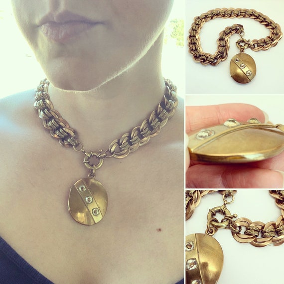 Victorian Collarette Necklace & Locket - Brass - … - image 2