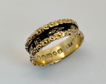 Victorian Mourning Ring - 18ct Yellow Gold Black Enamel -  London 1889