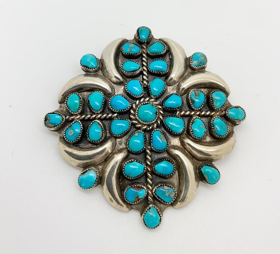 MEXICO Turquoise Silver Brooch - Squash Flower - V