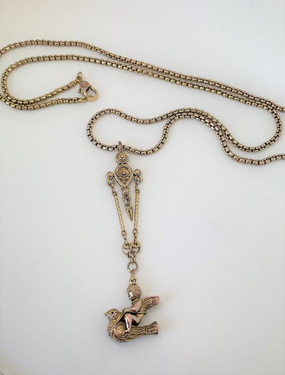 Etruscan Revival Cherub Dove Necklace c.1970s