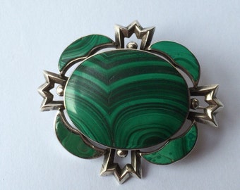 Victorian Scottish Silver Malachite Brooch - Large Statement - c1870s