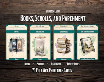 D&D Karten mit Büchern, Schriftrollen und Pergament
