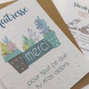 carte à planter merci maîtresse, nounou, atsem en papier ensemencé, carte à semer, illustration aquarelle
