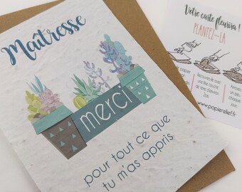 card to plant thank you mistress, nanny, atsem in seeded paper, card to sow, watercolor illustration