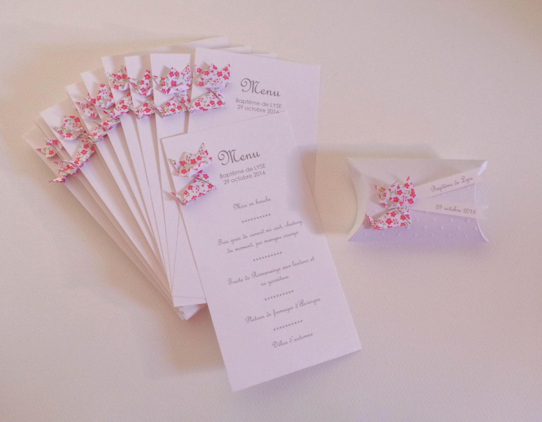 Menu Chat en Origami Liberty Fuchsia Pour Baptême, Anniversaire