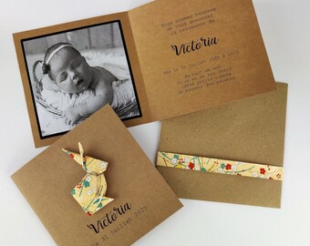 Faire part de naissance - invitation baptême - lapin en origami en papier japonais jaune fleurs photo kraft artisanal