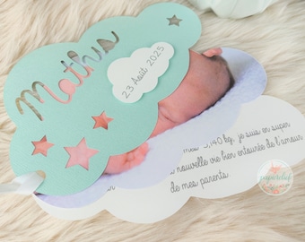 Mint Cloud geboortekaartje met foto / doopuitnodiging / Knipsel / trendy voor meisjes, jongens, gemengd