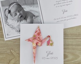 Geboortekaartje in origami meisje jongen - dubbele roze origami ooievaarskaart in Japans papier / high-end