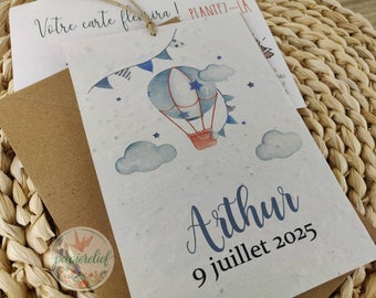 Birth announcement to plant - baptism invitation to sow - ecological - hot air balloon - boy - seed paper - with photo - watercolor