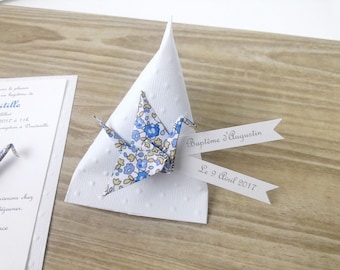 Berlingot candy box + liberty origami crane Eloise blue - handmade thank you gift for guests baptism, wedding